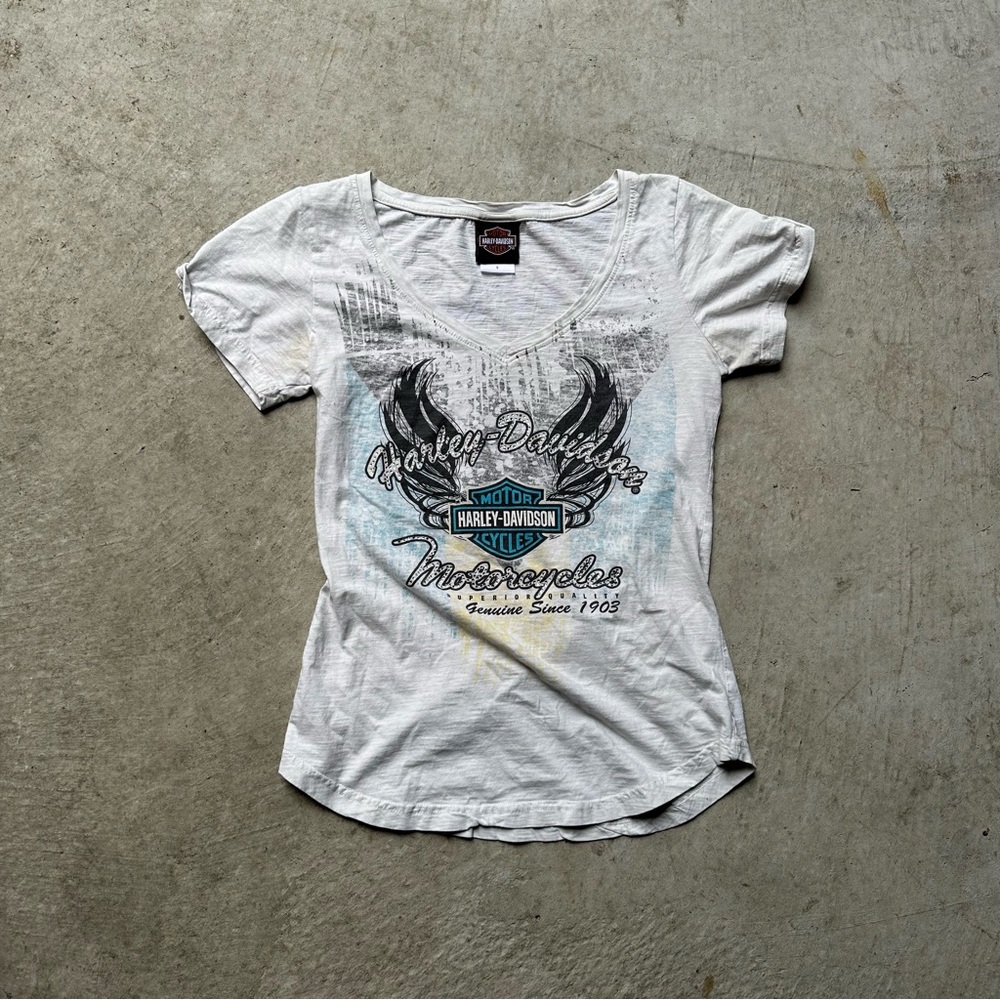 Harley-Davidson White Short Sleeve V-Neck Tee with Black and Blue Graphic